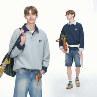 Dream made假两件撞色衬衫领polo衫刺绣卫衣男春季肌理感男生上衣