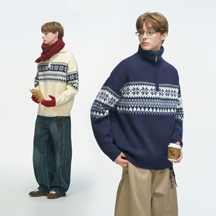 宽松情侣高领针织衫 半拉链费尔岛翻领提花毛衣男秋季 made Dream