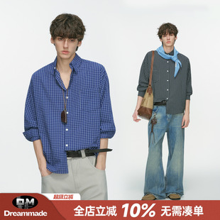 Dream made 美式高级感蓝色格子长袖衬衫男夏季薄款休闲男生衬衣