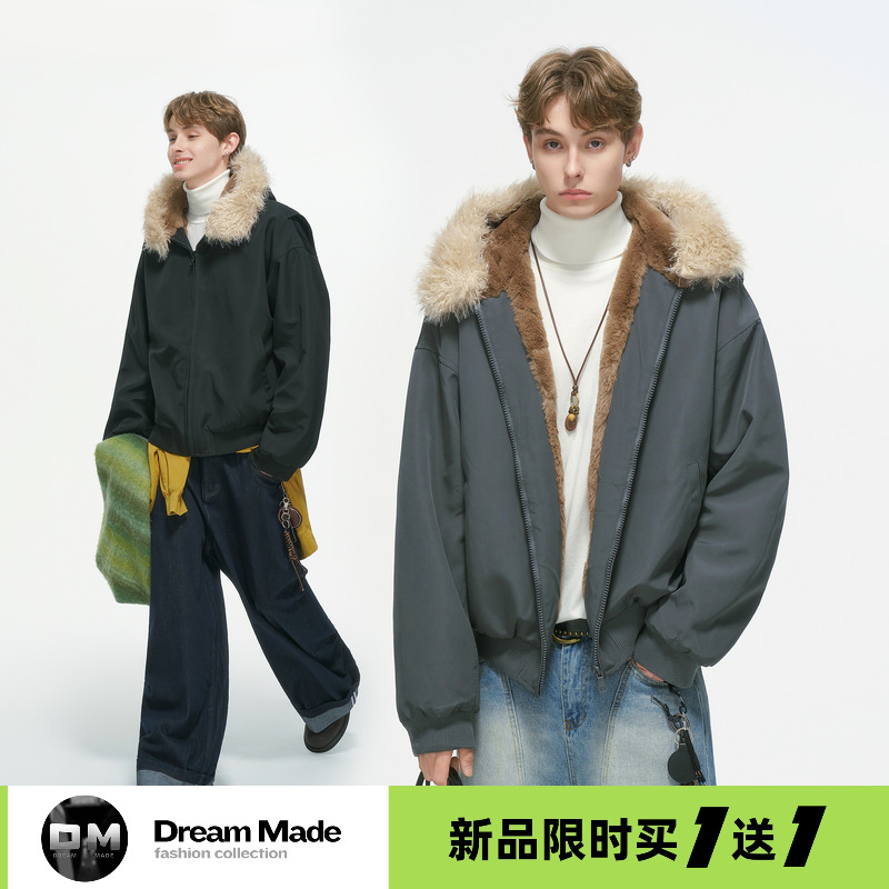 Dream made 美式大毛领连帽座山雕棉衣外套男款冬季加绒加厚棉服