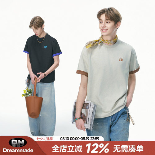 Dream made 老钱风双色短袖T恤男款夏季cleanfit潮牌半袖男生上衣