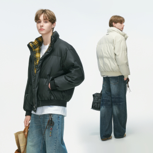 PU皮棉服男冬季 Dream 格纹拼接短款 美式 加厚面包服保暖棉衣 made