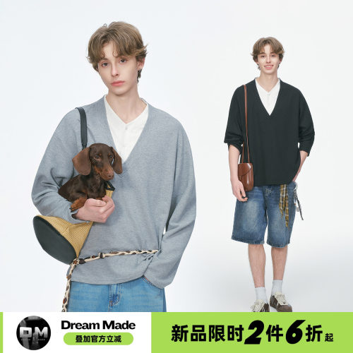 Dream made 老钱风假两件华夫格长袖T恤男款春季人夫感内搭打底衫