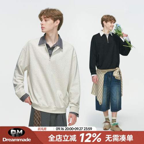 Dream made假两件学院风POLO衫卫衣男春秋季休闲半拉链衬衫领上衣