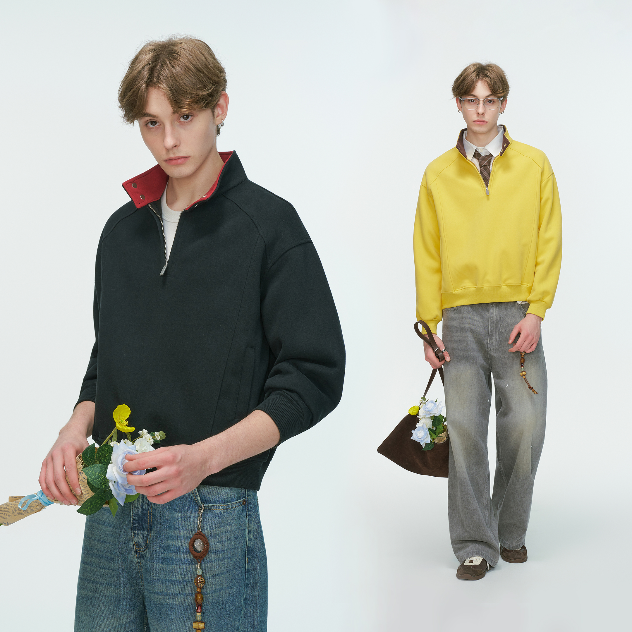 Dream made美式cleanfit撞色立领半拉链卫衣男春秋季boxy短款上衣