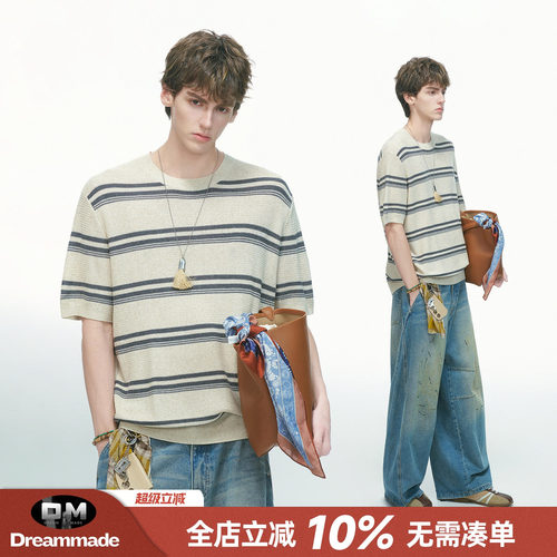 Dream made 美式条纹莱赛尔天丝亚麻圆领针织短袖T恤男款夏季上衣