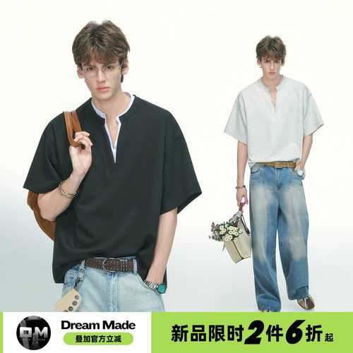 Dream made【4/15 0点新品限时2件6折】美式V领假两件短袖T恤男款