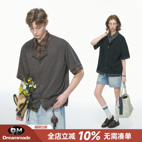Dream made老钱风假两件格子短袖衬衫男女夏季人夫感穿搭男生衬衣