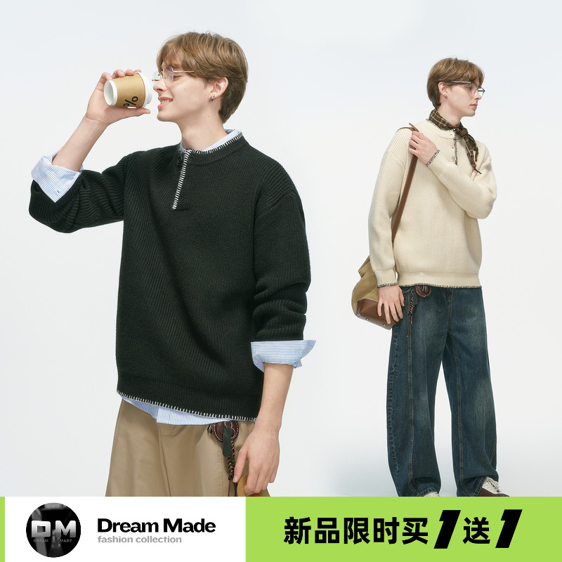 Dream made 手工缝线亨利领老钱风毛衣男秋冬季慵懒风套头针织衫