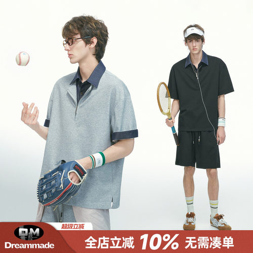 Dream made 假两件衬衫领短袖POLO衫男款夏季两件套男生短裤套装
