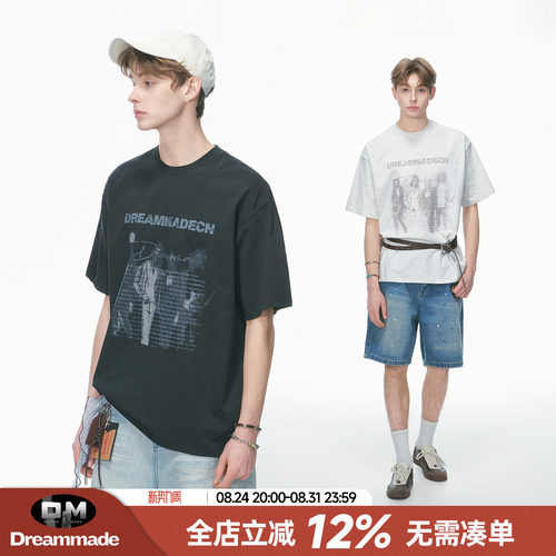 Dream made 美式复古印花短袖T恤男夏季2026新款男生重磅半袖T恤
