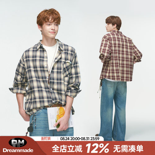 Dream made 美式复古格子长袖衬衫男春秋季潮牌休闲情侣衬衣外套