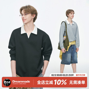 Dream made 美式假两件V领polo衫卫衣男款春秋季男生无帽长袖上衣