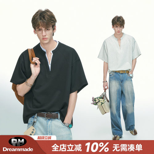 Dream made 美式假两件V领短袖男款夏季人夫感亨利领正肩半袖T恤