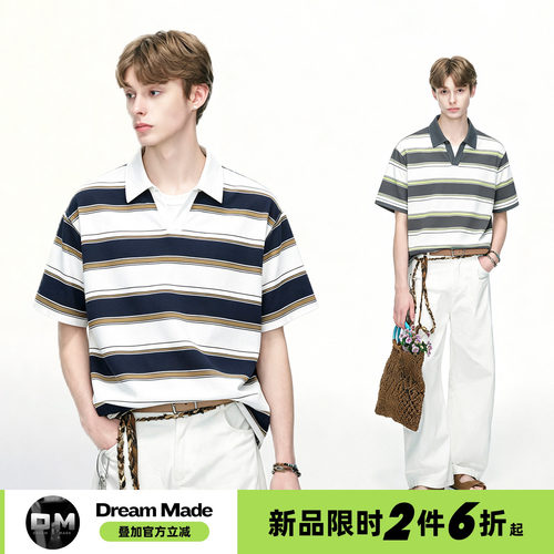 Dream made高智学院风V领条纹短袖POLO衫男款夏季休闲男生半袖T恤