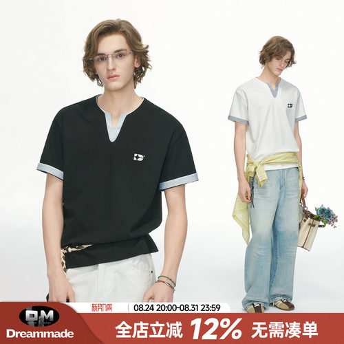 Dream made美式假两件V领条纹短袖T恤男款夏季人夫感穿搭男生半袖