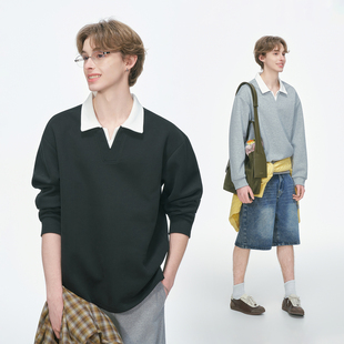 Dream made 美式假两件V领polo衫卫衣男款春秋季男生无帽长袖上衣