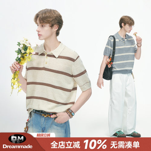 Dream made 人夫感天丝亚麻条纹短袖POLO衫男夏季薄款花纱针织T恤