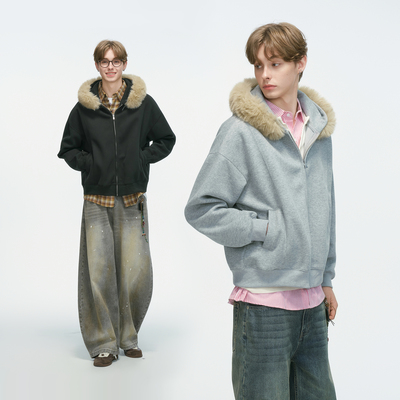 Dream made 可拆卸毛领连帽开衫卫衣男秋冬季重磅clenfit短款外套