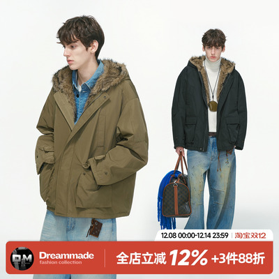 Dream made 仿狼毛连帽工装座山雕外套男款冬季加绒加厚男生棉服