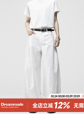 Dream made 美式弯刀白色牛仔裤男款秋季宽松直筒阔腿裤高街裤子