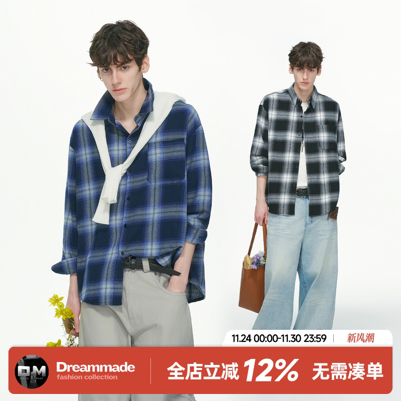 Dream made 蓝色格子长袖衬衫男秋季高级感宽松休闲内搭男生衬衣