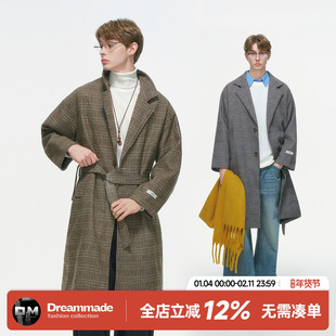 Dream made 千鸟格羊毛大衣男款秋冬季毛呢外套长款过膝呢子风衣