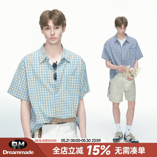 Dream made 人夫感穿搭蓝色格子短袖衬衫男夏季薄款度假男生衬衣