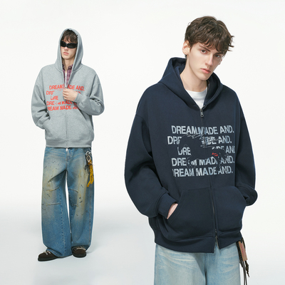 Dreammade 马年字母印花开衫卫衣男春季2026新款美式连帽男生外套