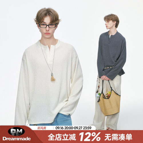 Dream made老钱风树枝肌理亨利领长袖T恤男春秋季打底衫内搭上衣