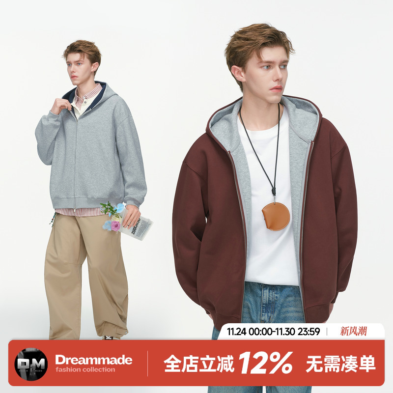 Dream made美式cleanfit空气层连帽开衫卫衣男春秋季重磅休闲外套