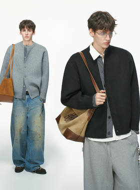 Dream made云感格纹拼接开衫毛衣男秋冬季加厚假两件亨利领针织衫