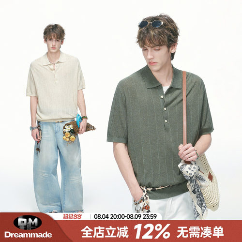 Dream made 天丝亚麻条纹针织短袖polo衫男款夏季人夫感莱赛尔T恤