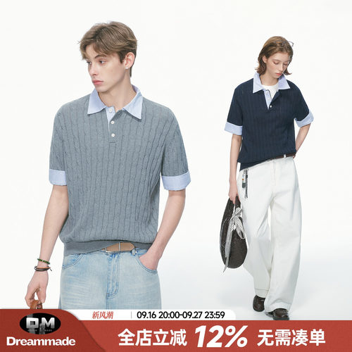 Dream made 老钱风假两件衬衫领针织短袖polo衫男款夏季情侣T恤女