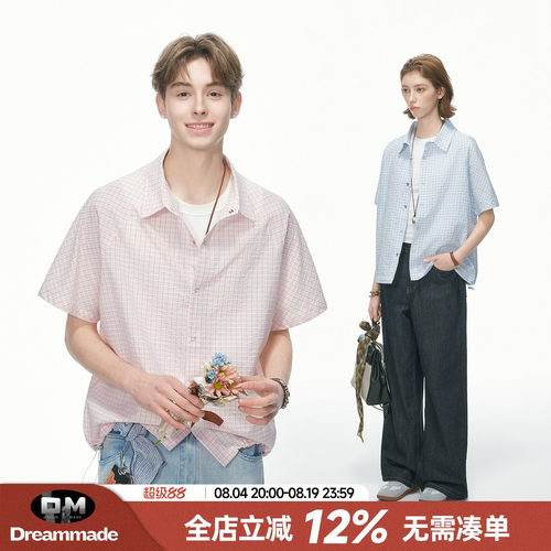 Dream made 美式泡泡纱粉色格子短袖衬衫男款夏季肌理感情侣衬衣