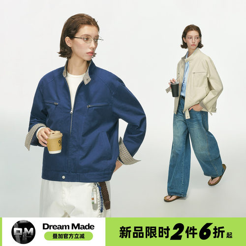 Dream made美式千鸟格哈灵顿夹克外套男女款秋季工装立领夹克外套