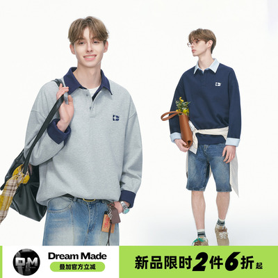 Dream made假两件撞色衬衫领polo衫刺绣卫衣男春季肌理感男生上衣
