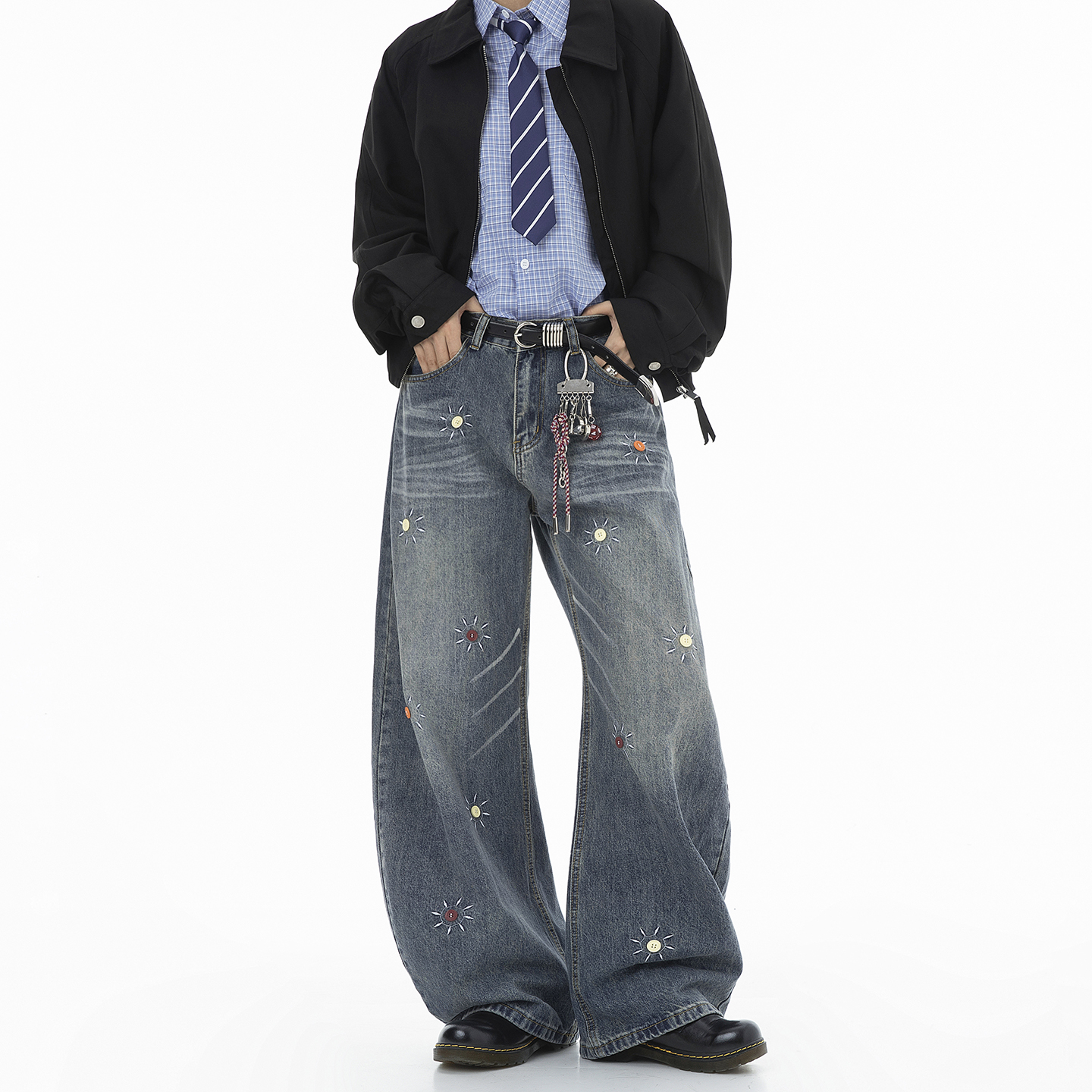 Dream made 美式设计感猫须弯刀牛仔裤男款秋季直筒阔腿情侣裤子