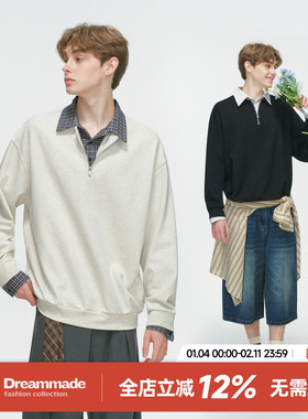 Dream made假两件学院风POLO衫卫衣男春秋季休闲半拉链衬衫领上衣