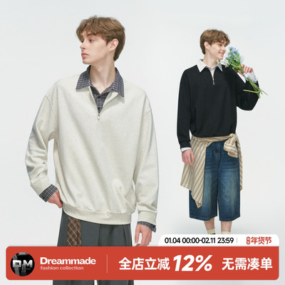 Dream made假两件学院风POLO衫卫衣男春秋季休闲半拉链衬衫领上衣