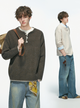 Dream made 手缝线亨利领羊毛混纺毛衣男秋冬季内搭老钱风针织衫