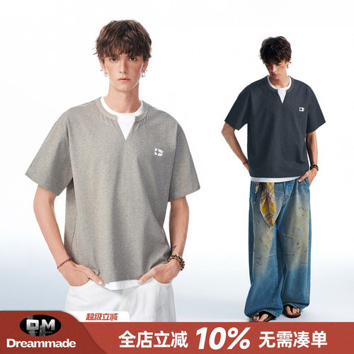Dream made 美式假两件V领短袖男款2026新款夏季重磅男生半袖T恤