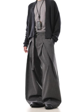 Dream made老钱风灰色双褶西裤男秋冬季宽松直筒阔腿条纹休闲裤子