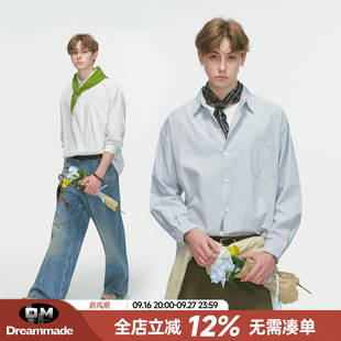 Dream made 美式通勤条纹白色衬衫男款秋季休闲内搭情侣长袖衬衣
