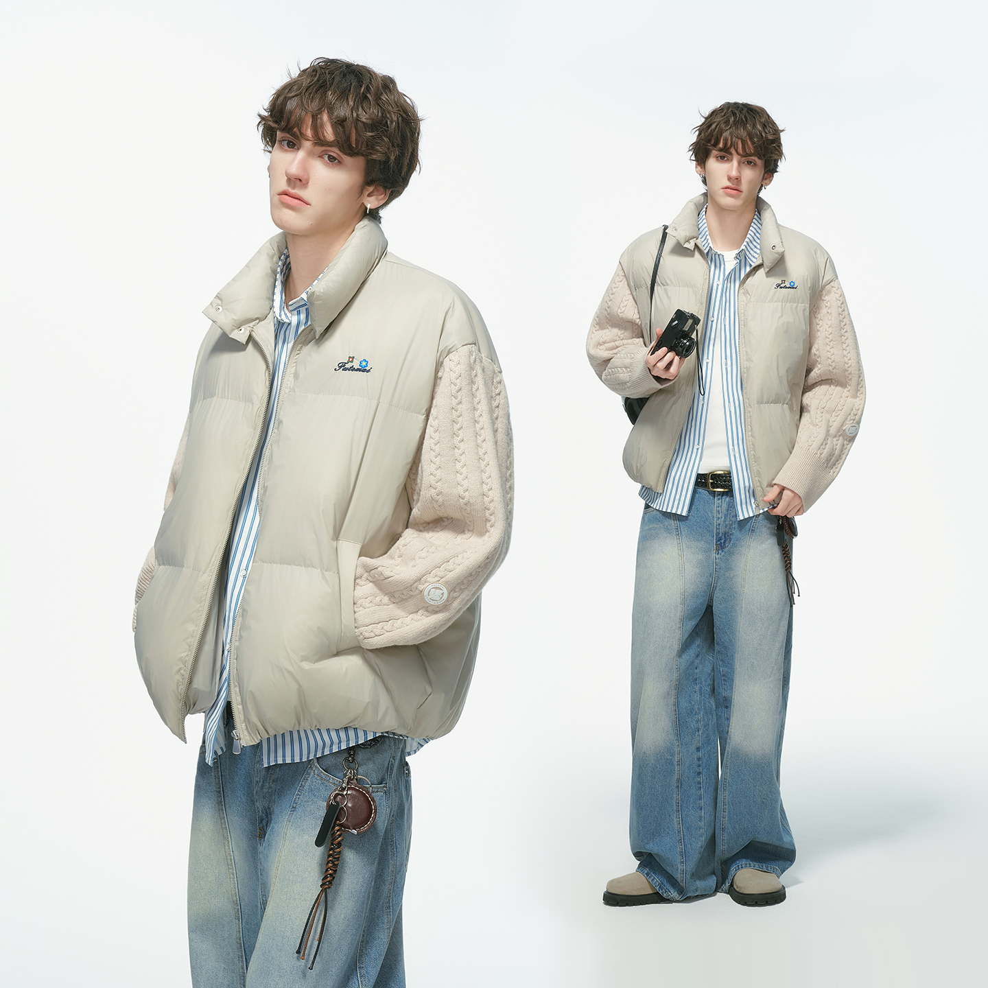 Dream made 美式编织麻花拼接针织衫棉服男冬季加厚情侣棉衣外套