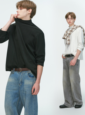 Dream made 美式解构半高领双面绒长袖T恤男秋冬季打底衫内搭上衣