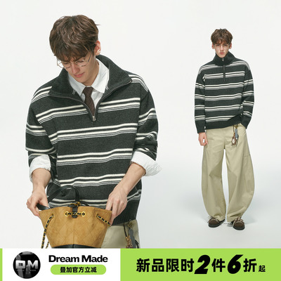 Dream made老钱风绵羊毛混纺半拉链毛衣男秋季通勤条纹立领针织衫