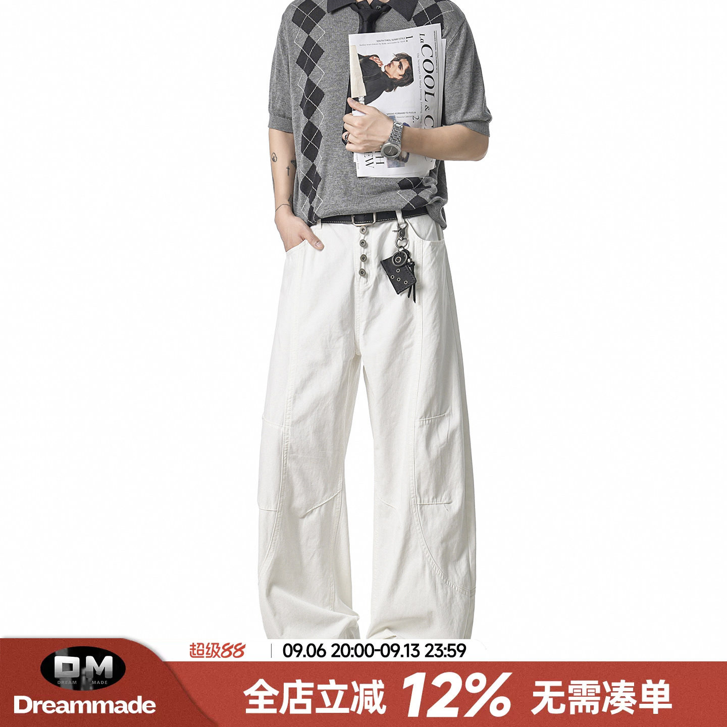 Dream made 美式解构排扣工装裤男款夏季直筒休闲裤男生弯刀裤子图片