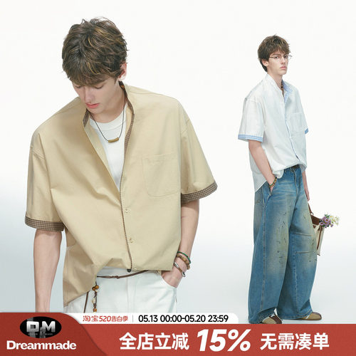 Dream made极简亨利领格子短袖衬衫男夏季人夫感穿搭男生白色衬衣