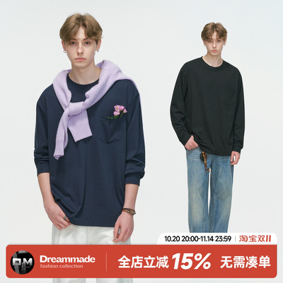 Dream made 美式纯色口袋长袖T恤男春秋季打底衫重磅休闲内搭上衣